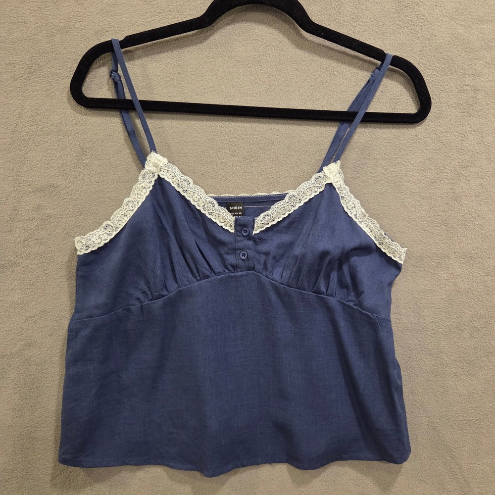 Linen Blend Lace Babydoll Cami Tank Top Women's Size L Cottagecore Coastal